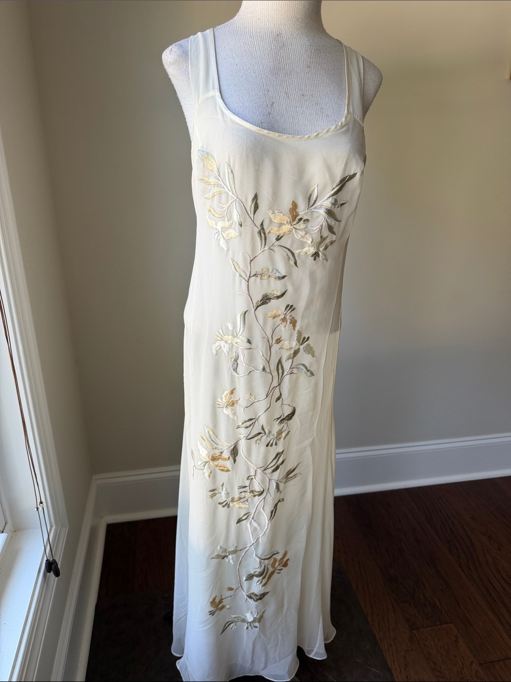 Flora Nikrooz Cream Maxi Slip Dress with Gold & Green Floral Embroidery